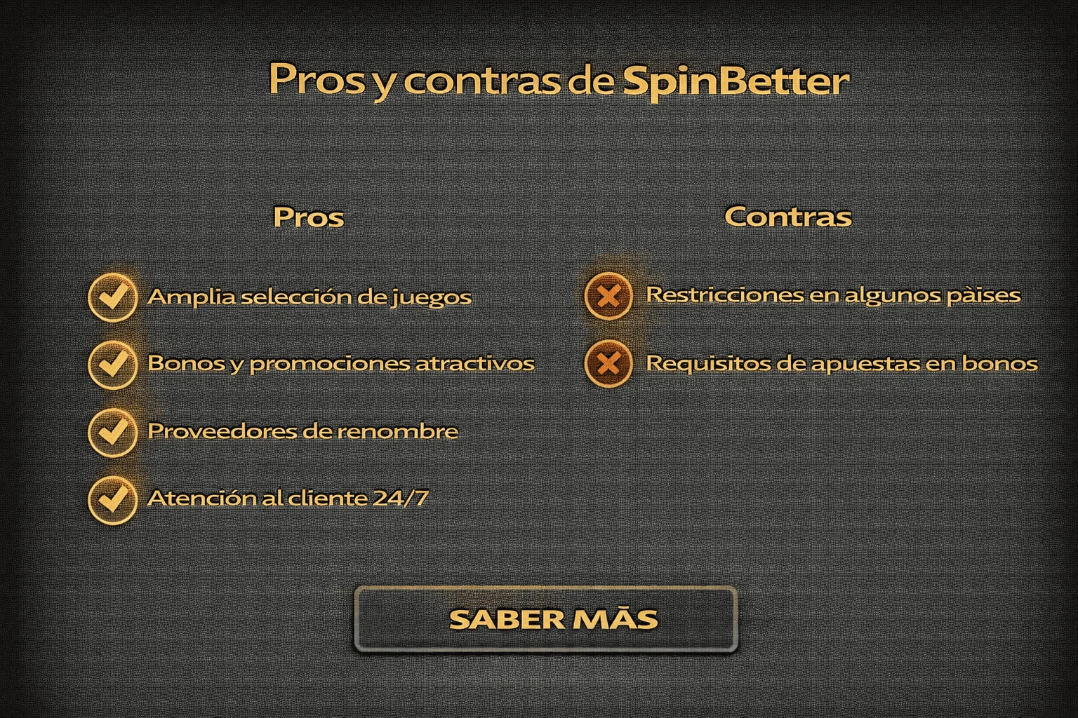 Pros y contras de SpinBetter Pros y contras de SpinBetter